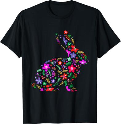Floral Easter Bunny Rabbit Silhouette Spring Flowers Graphic T-Shirt Men Casual Trip