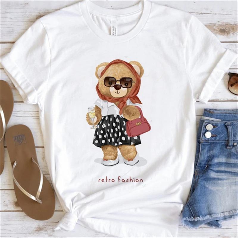 Cute Little Bear Print TShirt Summer Trend White Short Sleeve Neck Casual Sports Aesthetic Clothes Womens Graphic T Shirts