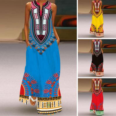 Sommer Maxikleid Schulterfrei Ärmellos A-Linie Retro Bunt Ethno-Stil Druck V-Ausschnitt Seitlich Langes Kleid