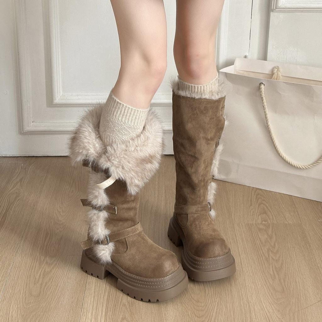 Dicke Sohle, zwei Tragemöglichkeiten, flauschige Schneestiefel für dünne Frauen im Winter, Nordost-Stiefel, hoch und samtig, aber knielang