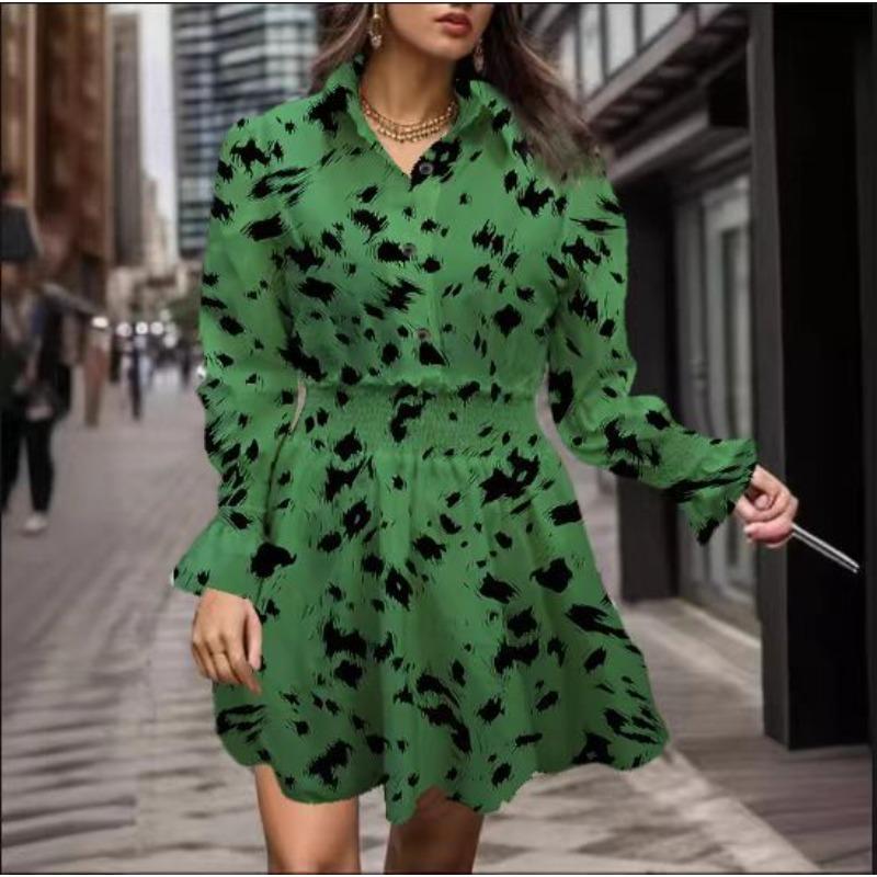 Women's Summer Lapel Three-button Long-sleeved Leopard Print Dress