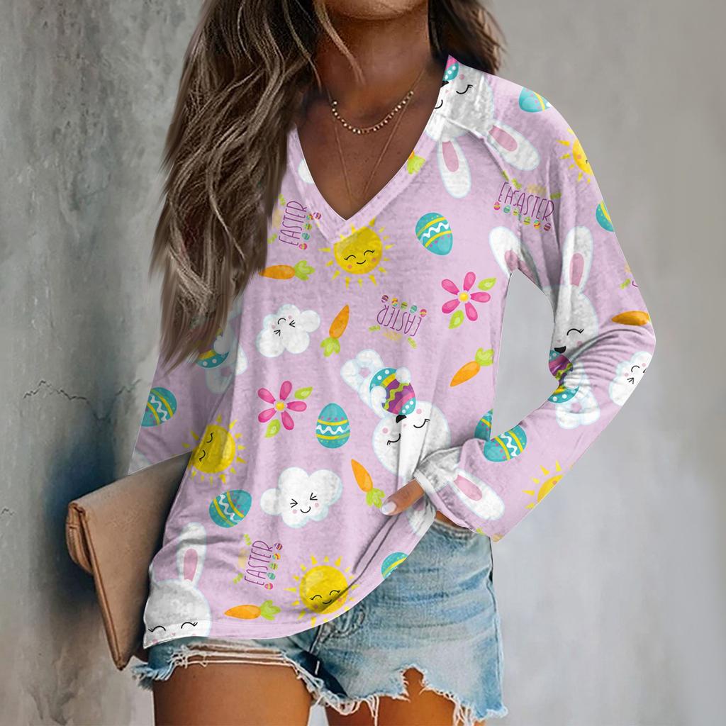 Women's Long Sleeve Plunger Sleeve Easter Print Casual Top T-Shirt