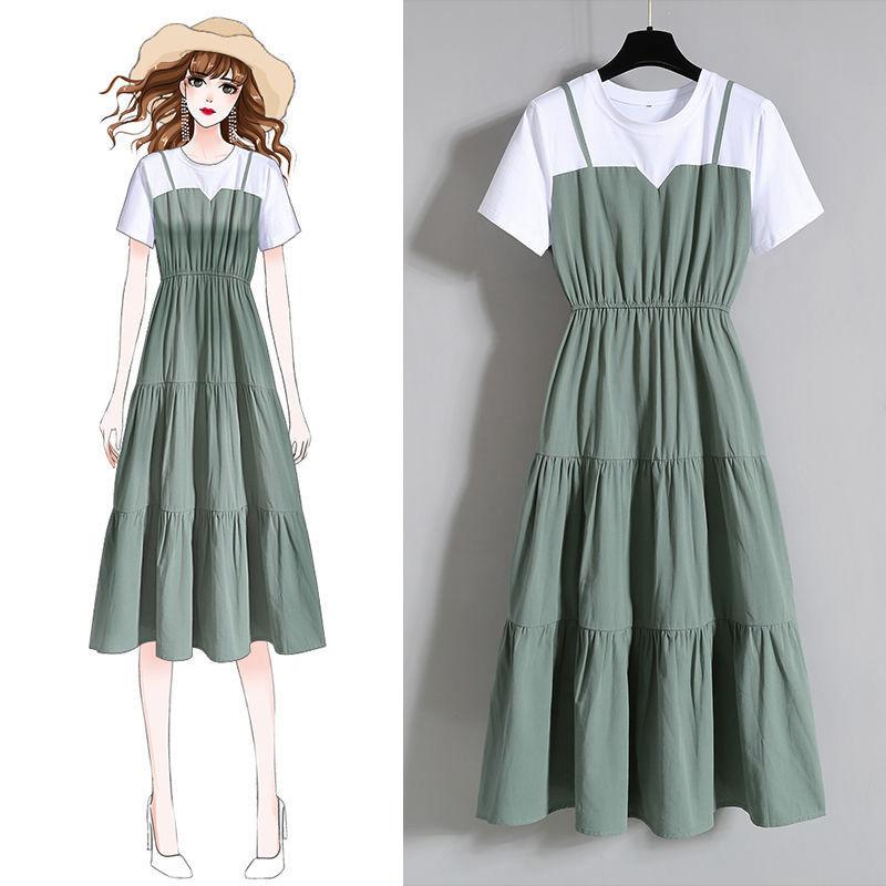 Fashion Strap Fake Two Piece Dress Block Summer Short Sleeved Dress Women's Waist Tight Dress