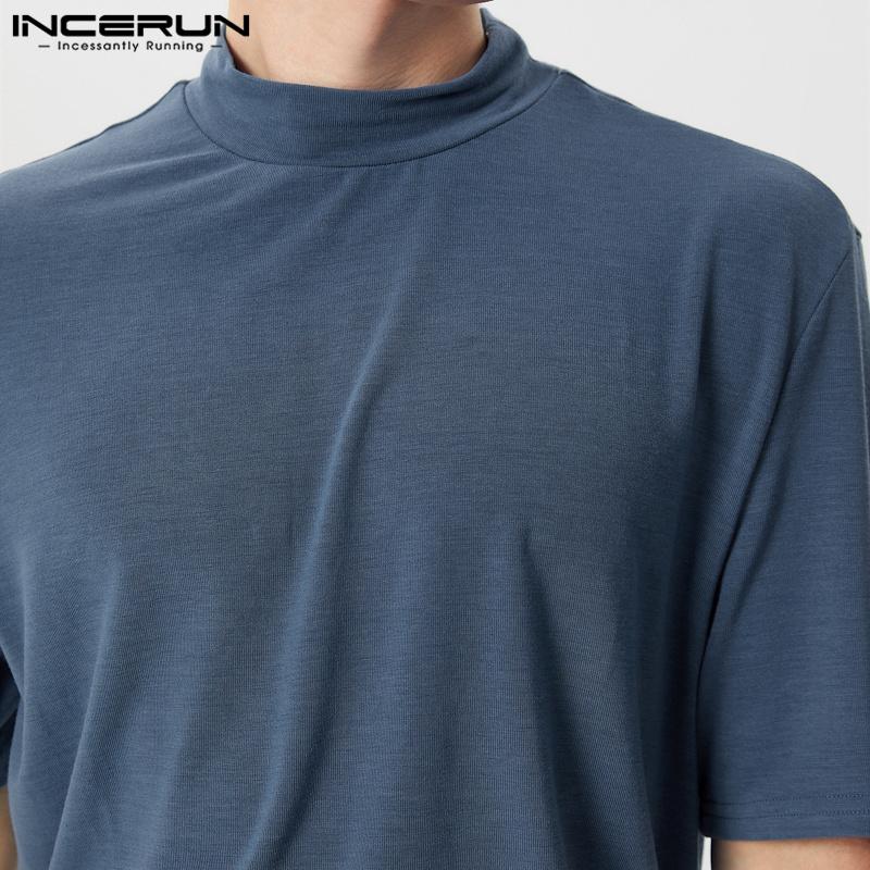 INCERUN Oversized Men High Neck Short Sleeve Casual Loose T Shirts Undershirts