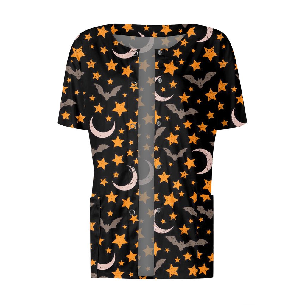 Dámské vzorované kapsy s krátkým rukávem, stojáček s pracovním potiskem, jednořadové ochranné oblečení, svetřík, top