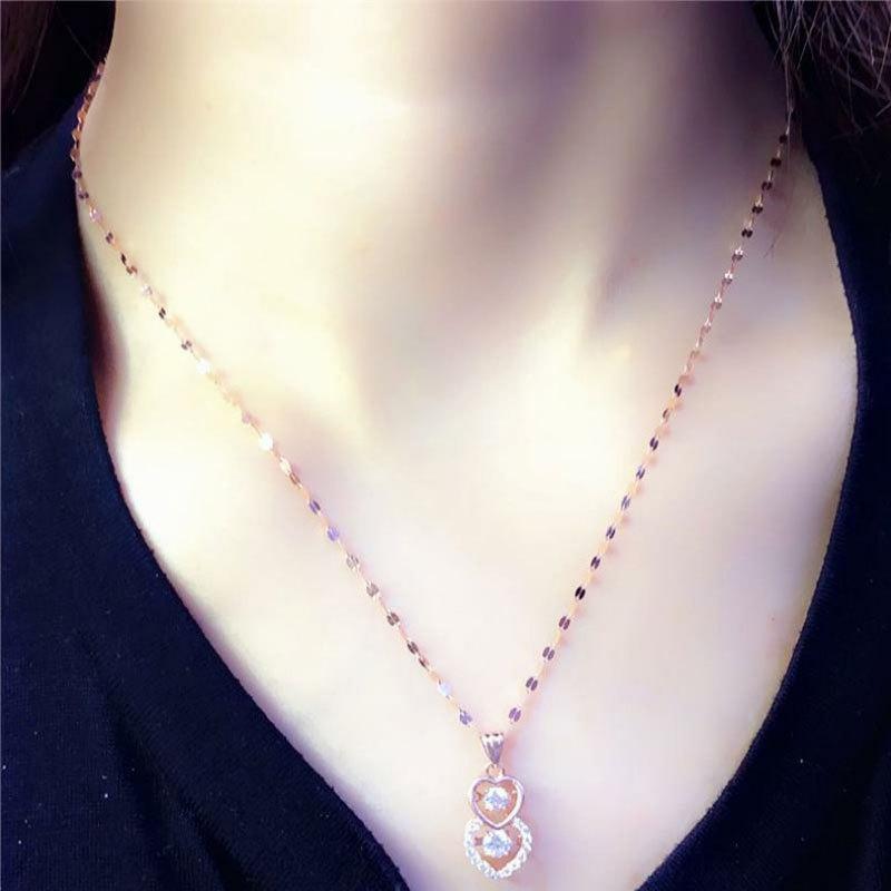 Exquisite Russian 585 Purple Gold Luxury Full Diamond Double Heart Pendant Rose Gold Plated Color Gold Design Gorgeous Necklace