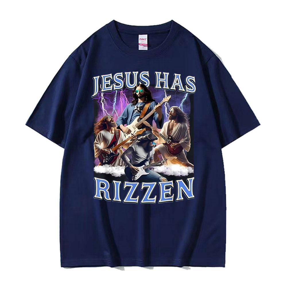 Funny Jesus Has Rizzen Rock Star Tee Shirt Mens Clothing Fashion Gothic Cool T Shirt Unisex High Quality Cotton Summer Tshirts
