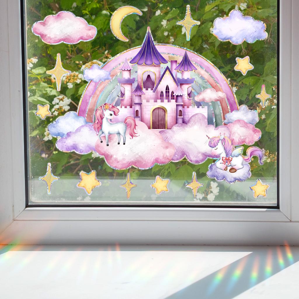 Creative Unicorn Castle Characters Stars Colorful Double-Sided Stickers, Window Glass Stickers, Living Room Bedroom Self-Adhesive