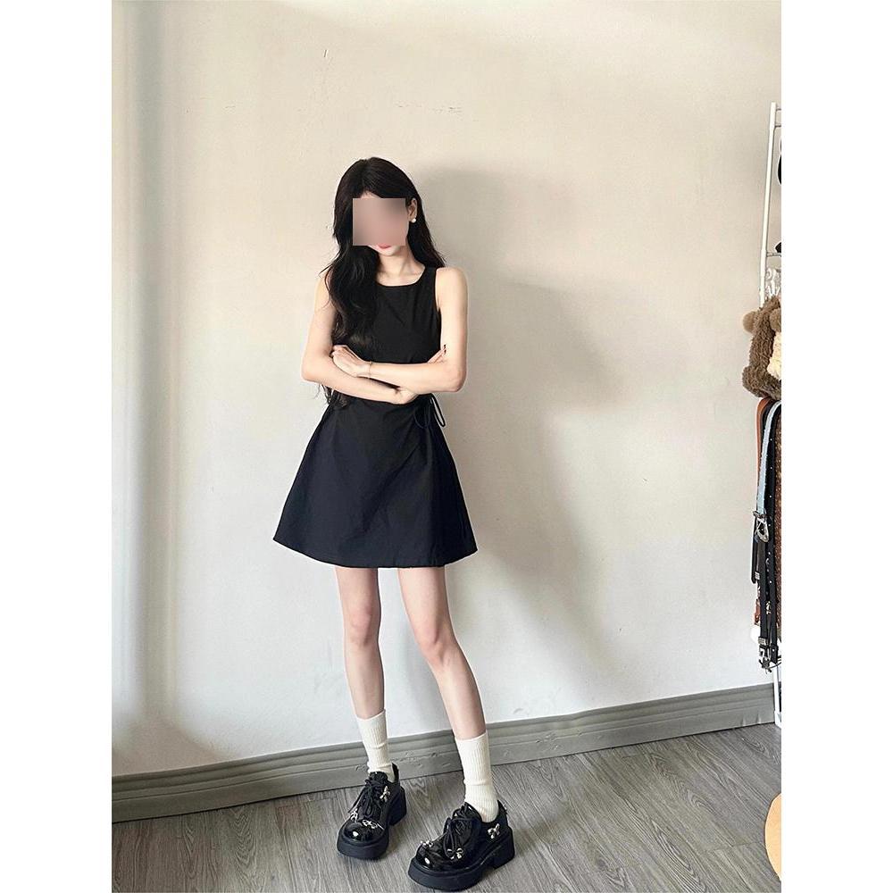 Salt Fried Street Sleeveless Vest Black Dress Casual Summer Lace-up Thin Milk Small A-word Short Skirt