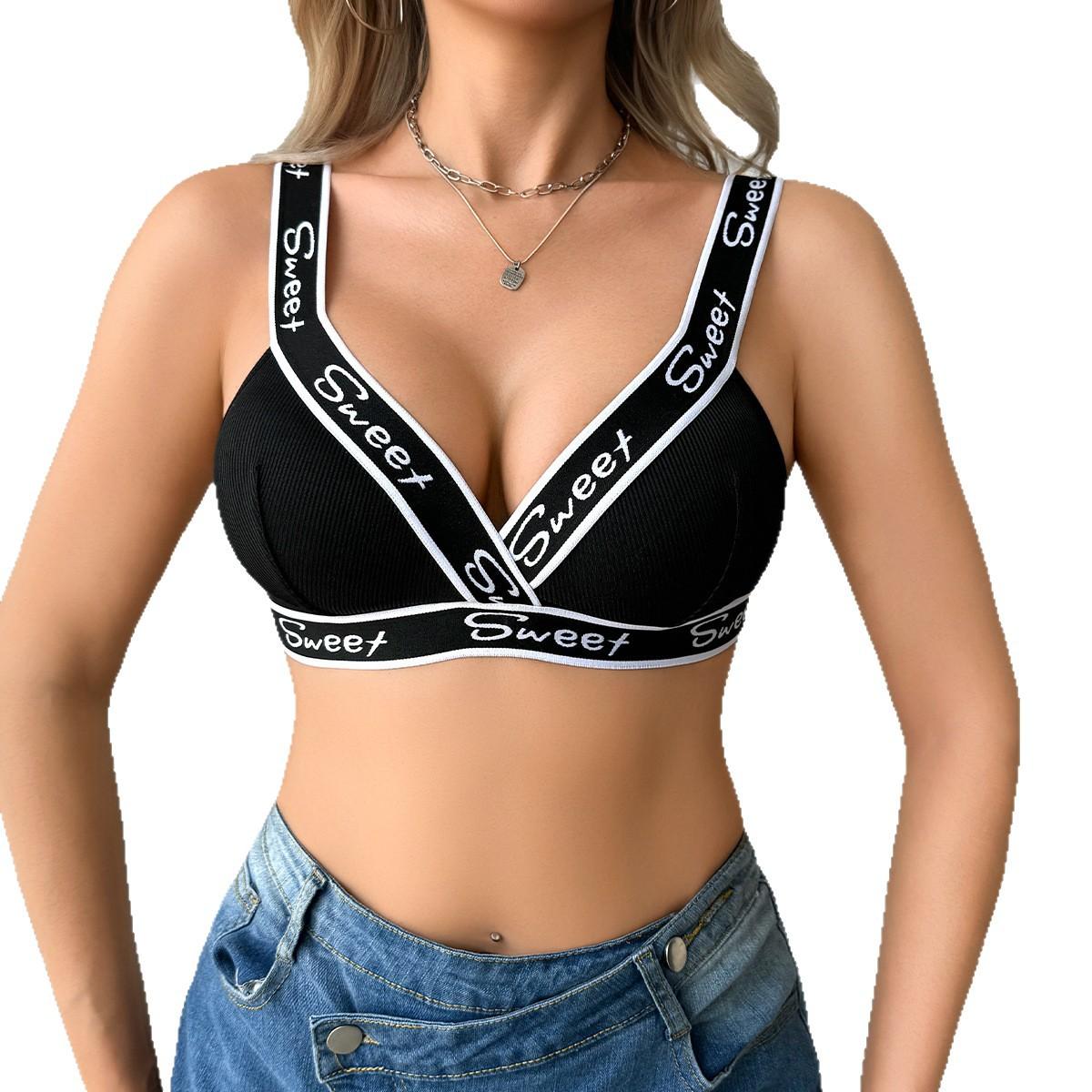 Women Letter Print Ribbed Deep V Neck Wide Strap Wireless Casual Bralette Bra S чёрный