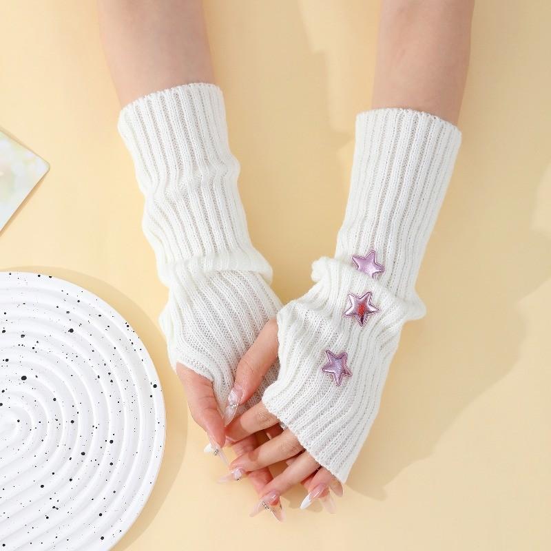 Women's Sweet Lolita Fingerless Gloves White Long Hand Gloves Warm Knitted Arm Sleeves Gothic Girls Cute Shiny Stars Arm Warmers