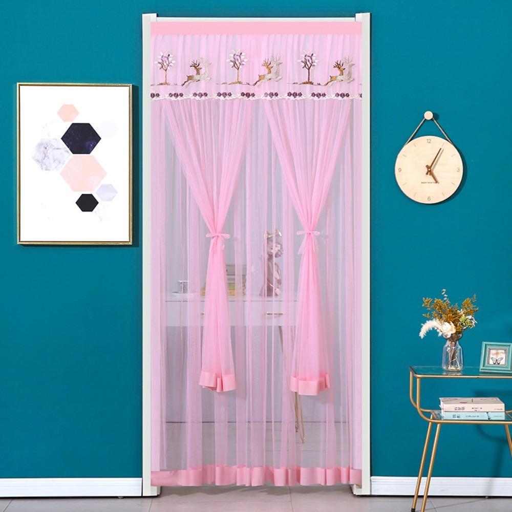Punching Free Lace Embroidered Door Curtain Double Layer Door Drapes Entrance Curtain  Girl Room