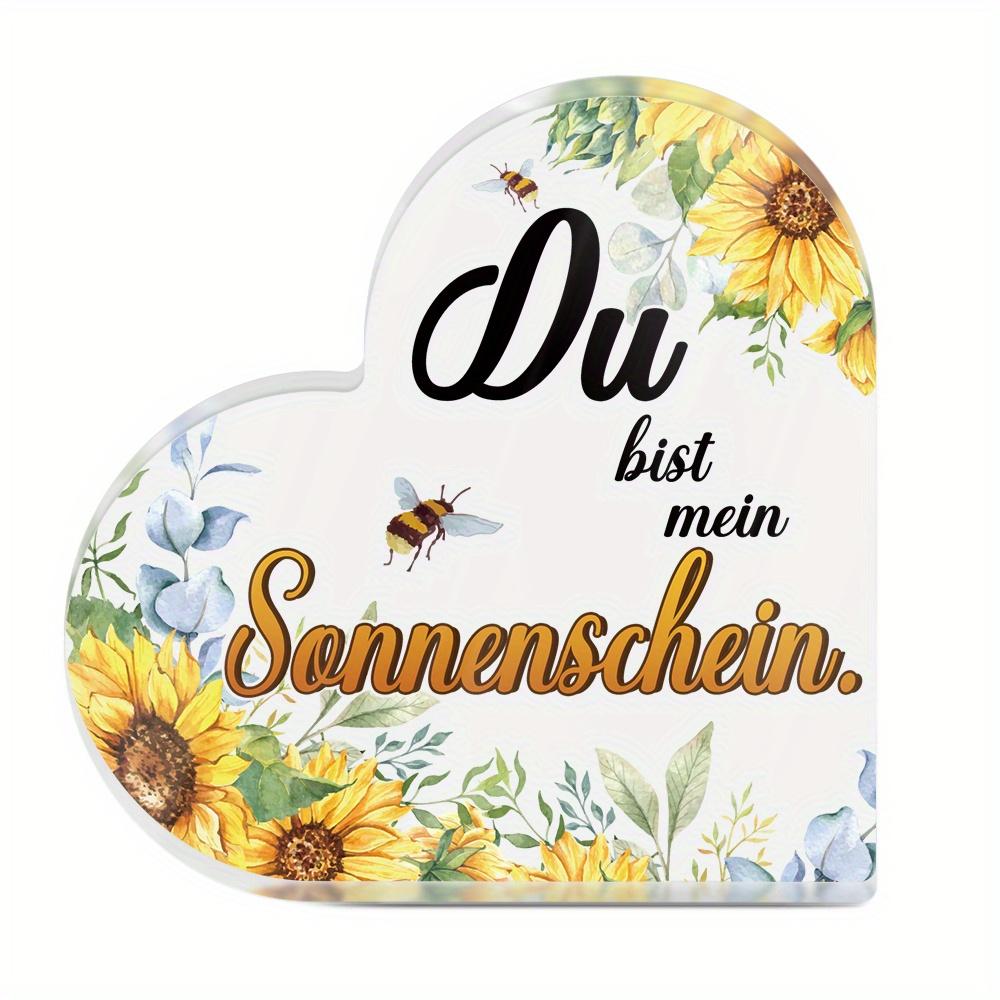 

Heart-Shaped Acrylic Sign with German You Are My Sunshine Inscription - Floral Sunflower & Bee Design, Contemporary Farmhouse Tabletop Decor 10*10cm