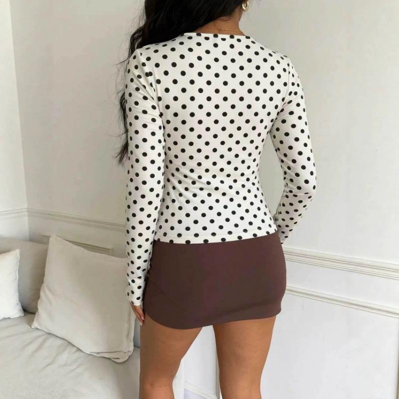Women S White Polka Dot Long Sleeve T Shirt Elegant Casual Fashion