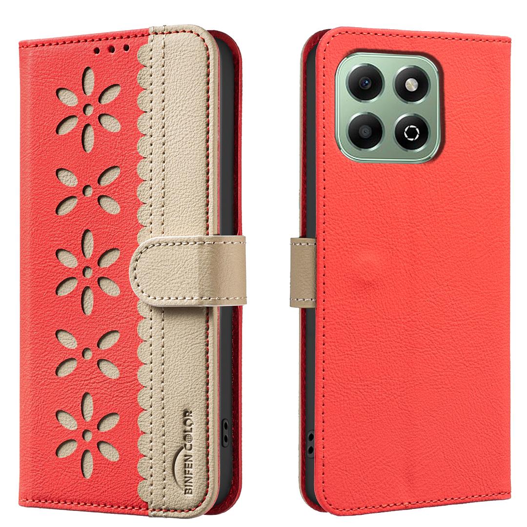

For Honor X6b 4G Leather Case BINFEN COLOR BF36 Floral Pattern Phone Cover RFID Blocking Wallet Stand Red