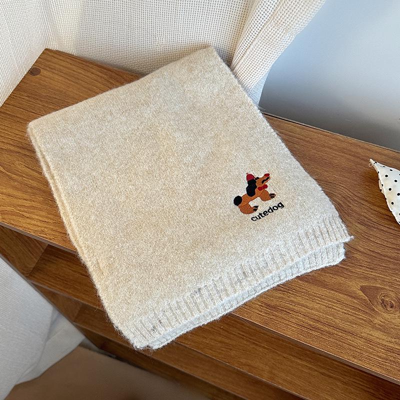 Falling Pool Knitwear: Women's Cute Puppy Embroidered Winter Scarf - Warm, Versatile Cartoon Neck Warmer