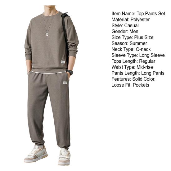 2Pcs/Set Men Spring Autumn Outfit Waffle Texture O-neck Long Sleeve Tops Elastic Waist Pockets Sweatpants Solid Color Casual Outfit