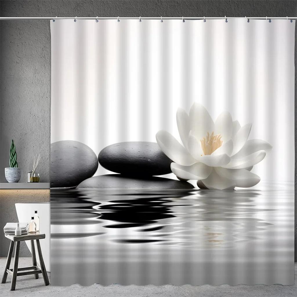 Black Stone Tower Zen Shower Curtain, Spa Decor Lotus Purple Orchid Flower and Bamboo, Cloth Fabric Bathroom Decor Accessory Set
