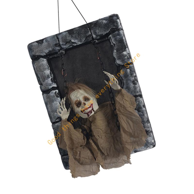 55KF Motion Activated Hanging Ghostly Gravestone Glowing Eyes Shaking Body And Eerie Sounds For Outdoor Horror Decorations