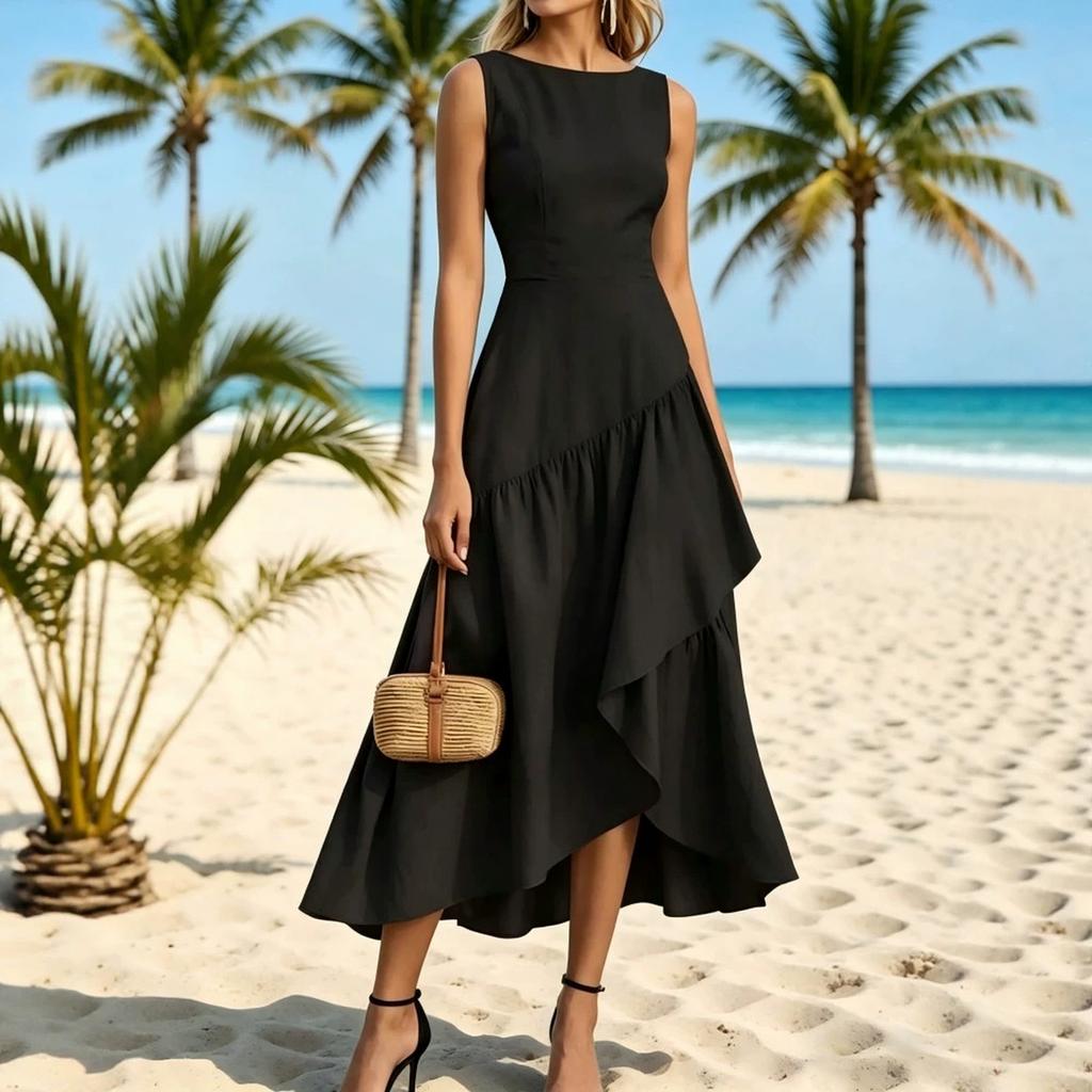 Women's Casual Vintage Round Neck Sleeveless Ruffle Dress