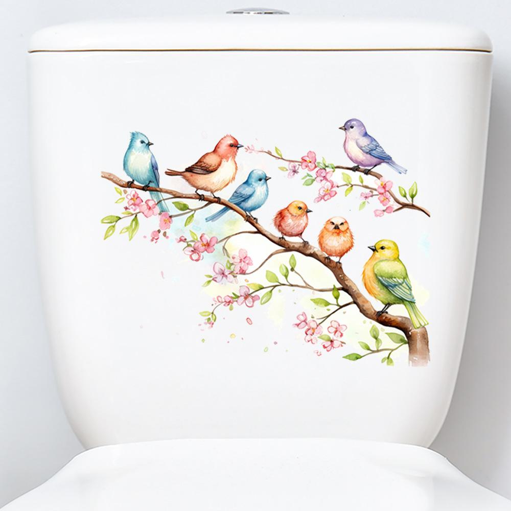 Bird Flower House Waterproof Self Adhesive Toilet Lid Sticker Bathroom Home Decor
