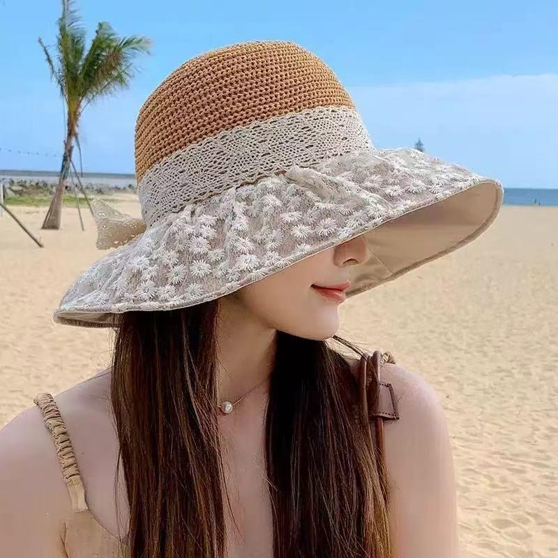 Lace Big-brimmed Straw Hat Bow Hat Women's New Summer Sunscreen Straw Hat Seaside Vacation Sun Hat