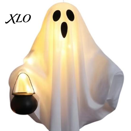 Lighted Outdoor Yard Ornaments Halloween Hanging Ghost with LED Lights, Spooky White Gauze Glowing Ornament, Porch Decor Flexible Figures for