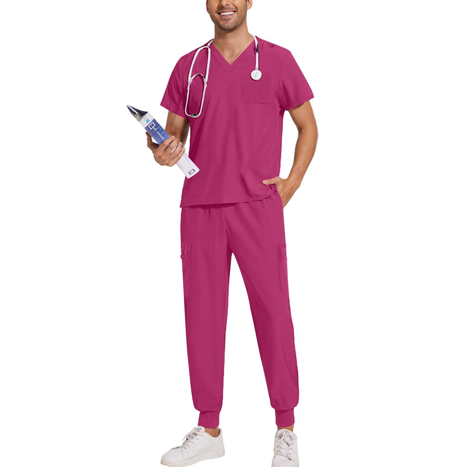 Unisex Comfortable Medical Scrub Set V-Neck Short Sleeve Top with Jogger Pants, Soft and Breathable Fabric, Pink XL