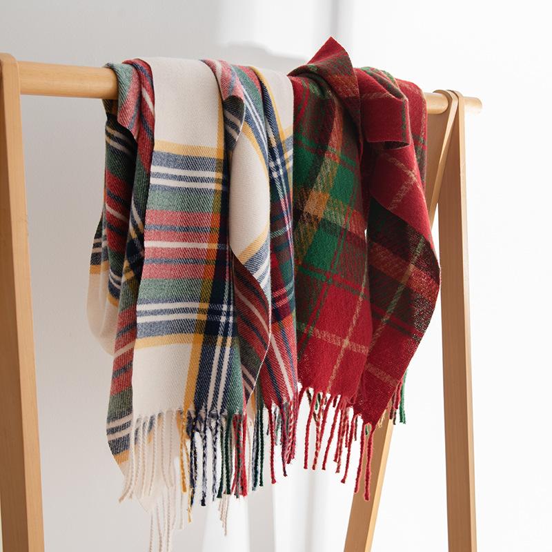 Christmas Scarf Autumn/Winter Warm Women's Korean Edition Versatile New Year Gift Checkered Shawl Imitation Cashmere Tassel Checkered Neck