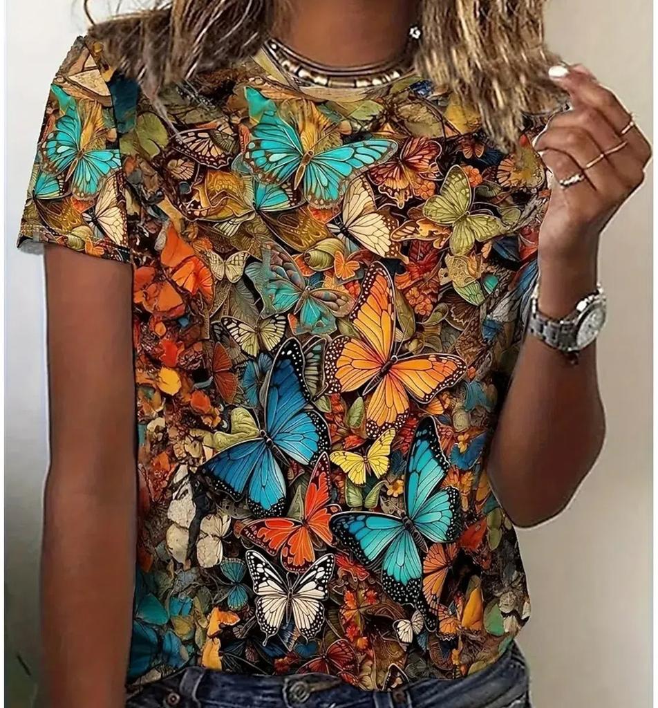 XXS-6XL Plus Size T-shirt for Women's Summer Fashion Beautiful Flowers Printed Casual Short Sleeved Crew Neck Tops Tees Clothing