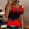 Women Geometric Pattern Print Cold Shoulder Short Sleeve T Shirt Irregular Cutout Neck Casual Summer Blouse Top