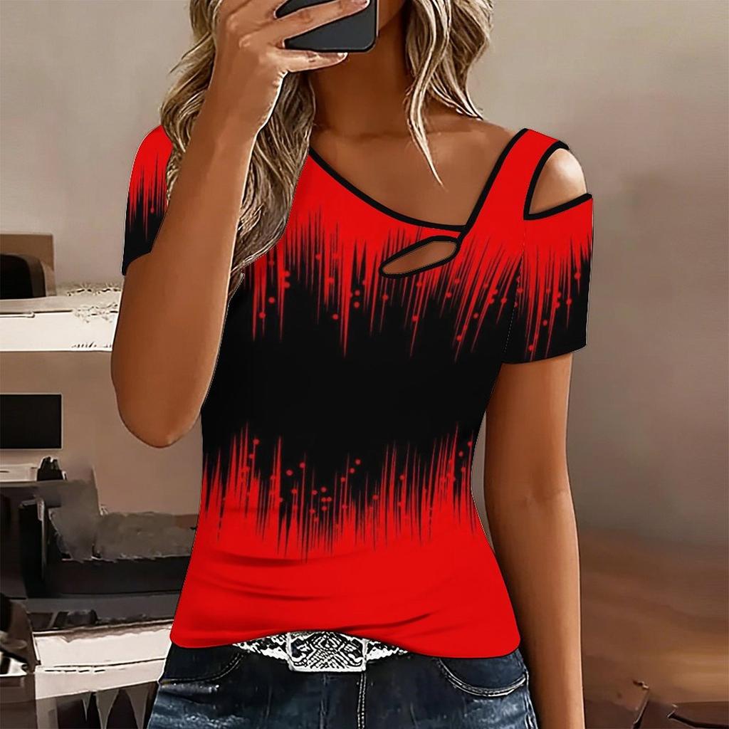 Women Geometric Pattern Print Cold Shoulder Short Sleeve T Shirt Irregular Cutout Neck Casual Summer Blouse Top