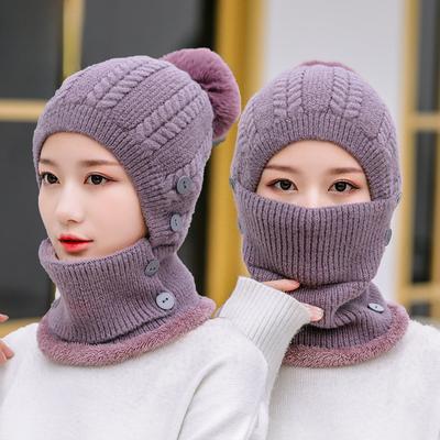 Winter Women's One-piece Warm Hat Factory Knitted Scarf Mask One-piece Hat Outdoor Cycling with Velvet Yarn Hat