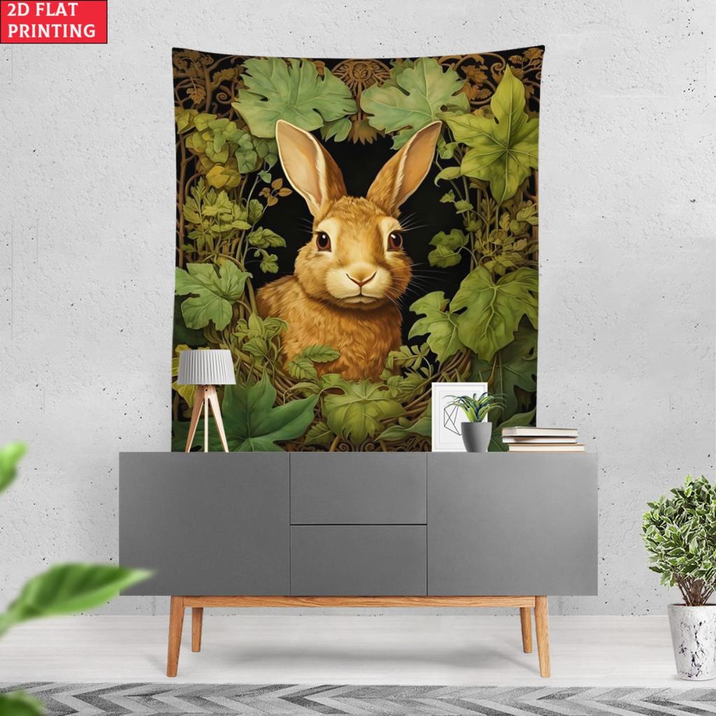 1Pc Realistic Rabbit In Green Leaves Forest Wall Tapestry Nature Animal Art Print Home Decor For Living Room Bedroom
