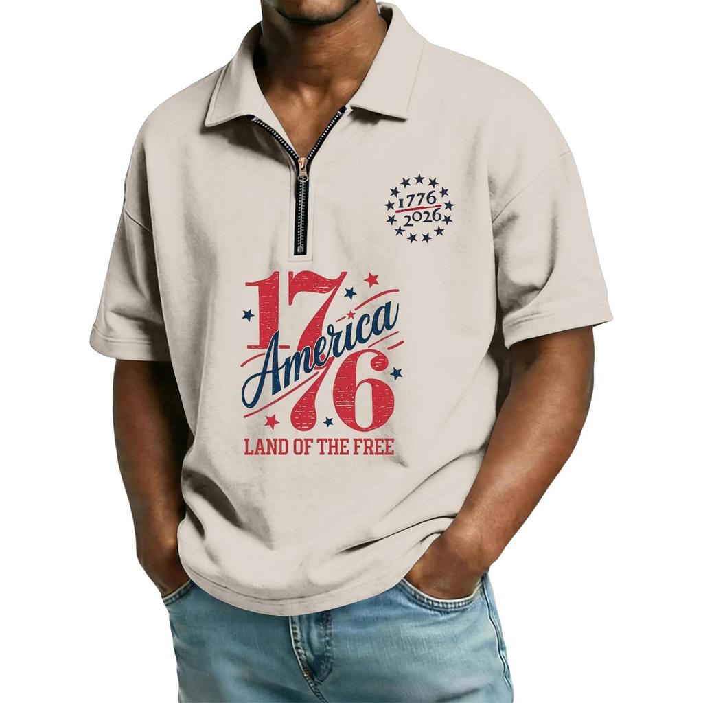 Men's Casual Loose Fit Polo Shirt Short Sleeve Zipper Front Independent Day Printed Design Comfortable Lightweight Top