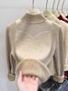 Women's Fleece-Lined Sweater: Thickened Winter Top with Mesh Design and Semi-High Collar for Autumn and Winter.