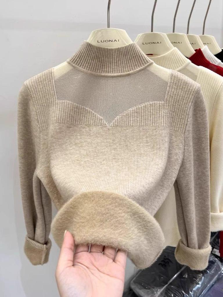 Women's Fleece-Lined Sweater: Thickened Winter Top with Mesh Design and Semi-High Collar for Autumn and Winter.