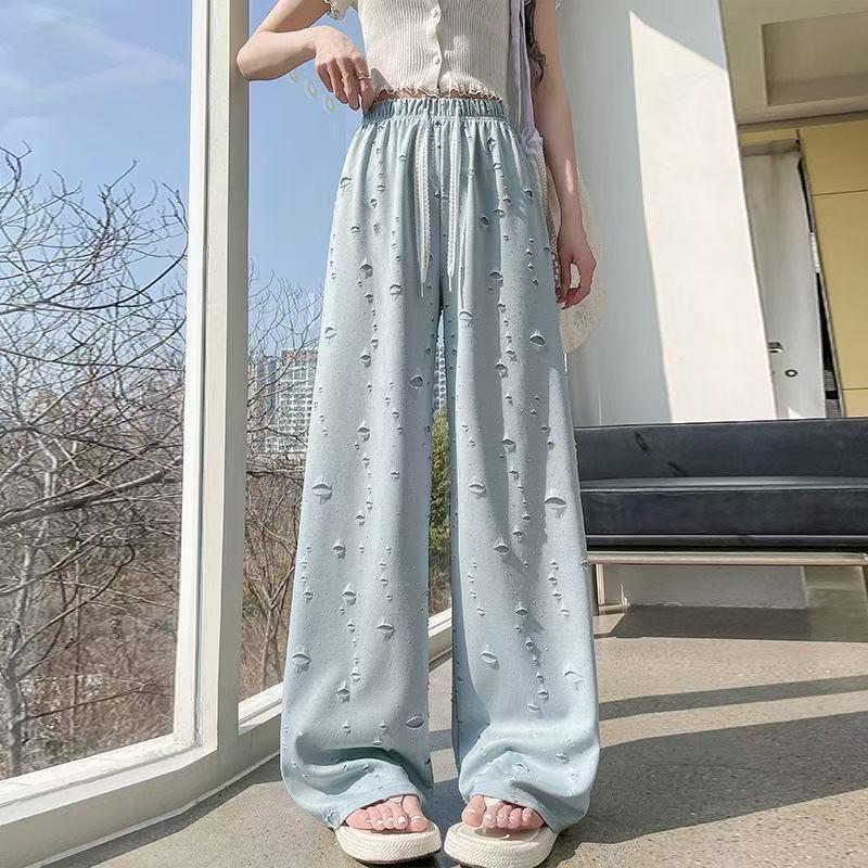 Damen Sommer locker Eis Seide zerrissen Strass Weites Bein Hose Übergröße