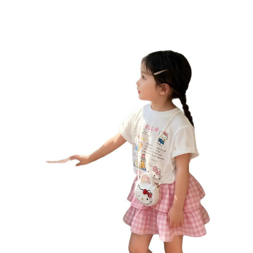 2025 Korean Summer Cute Cat Print Short Sleeve Plaid Skirt Set