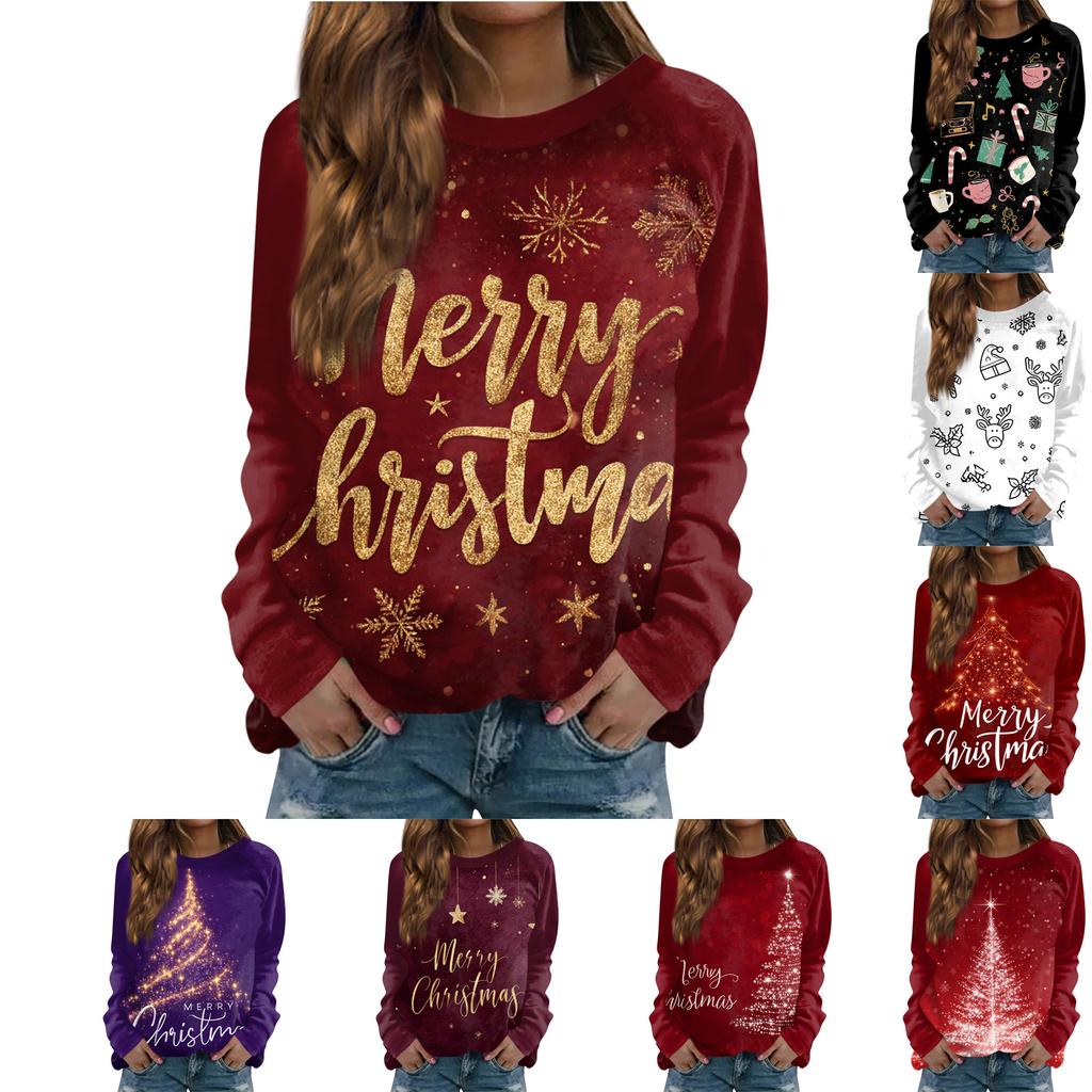 Women's Fashion Casual Long Sleeve Christmas Printed  Neck Sweatshirt Top