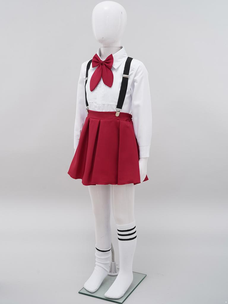 Girls Preppy Style Turndown Collar Bow Top Long or Short Sleeve Button Down with Elastic Waistband Overalls Skirt and Socks Outfit