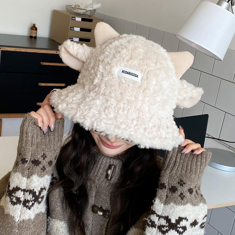 Women's Autumn and Winter Fisherman Hat, Korean Style Versatile Bucket Hat That Makes the Face Look Smaller, Lamb Wool Plush Hat, Japanese Cute Warm