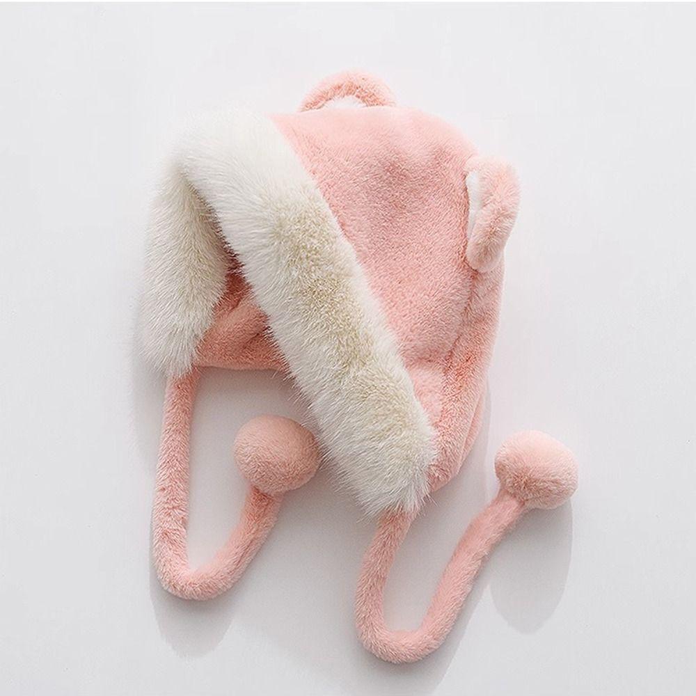 Warm Winter Hat Pompom Fluffy Skull Cap Stylish Bear Ears Hat  for Women