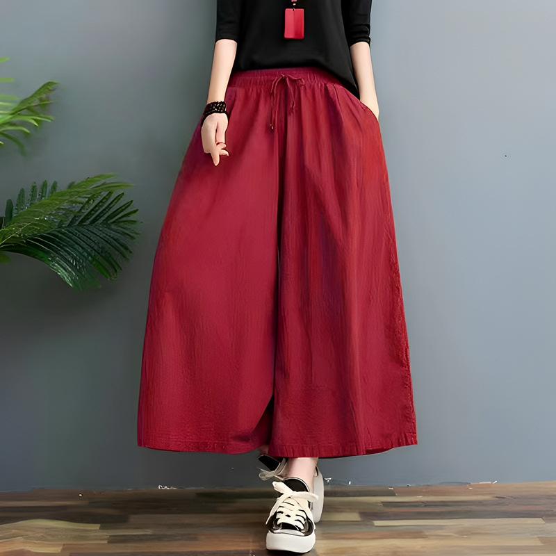 Dámské bavlněné lněné kalhoty nadměrné velikosti Retro kapsy Volné kalhoty Dámské jednobarevné kalhoty s elastickým pasem Dámské