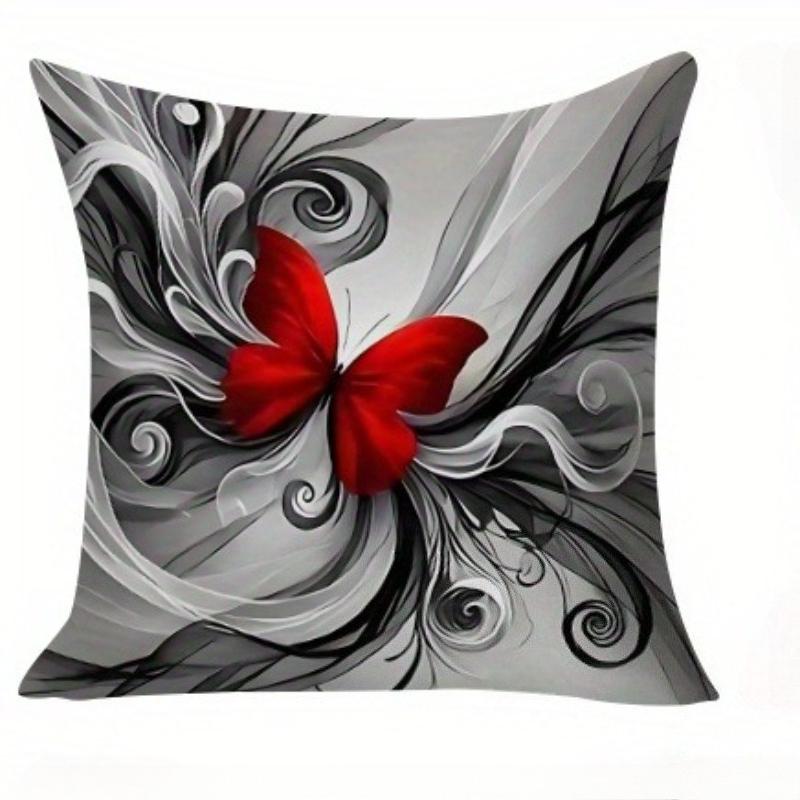 Gray Red Butterfly Floral Pillow Covers Soft Polyester Square Zipper Sofa Outdoor Machine Washable Double Sided Decorative Home