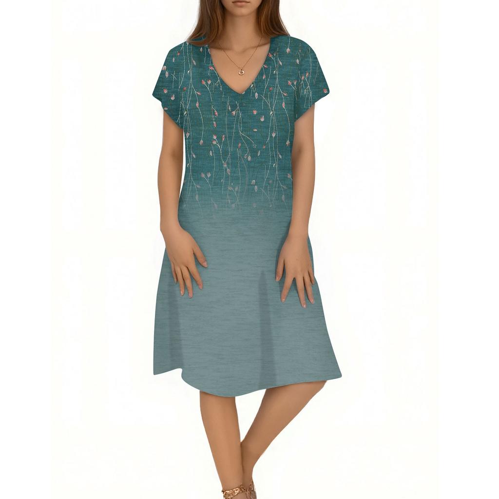 Women's Casual Fashion V-Neck Short Sleeve Floral Print Midi Flowing Dress