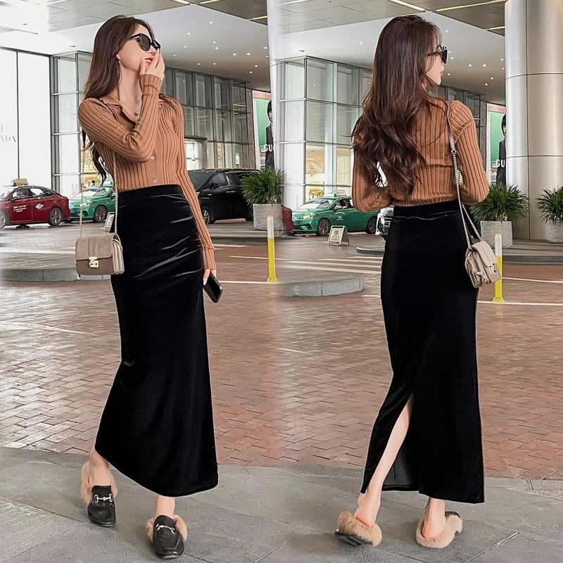 Golden velvet skirt medium and long high waist thin hip skirt children's autumn and winter new black knee skirt