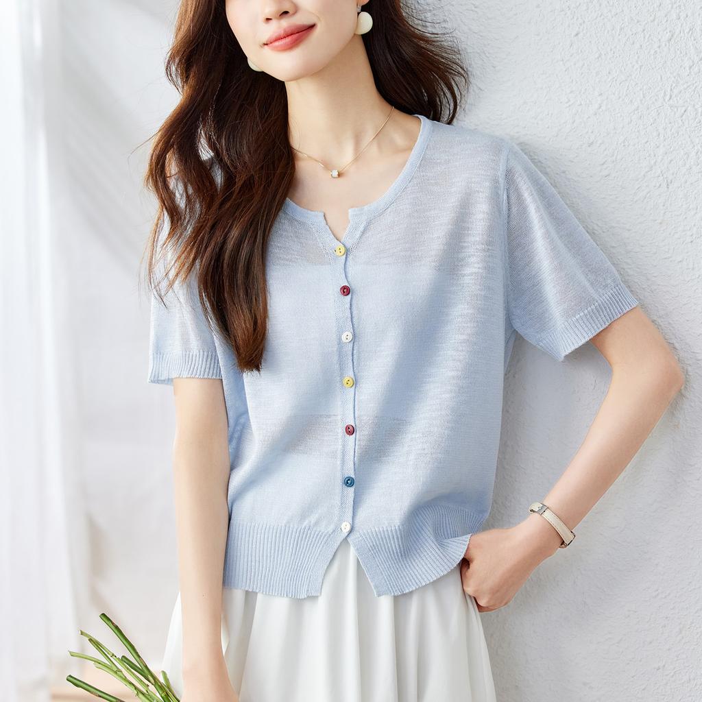 Summer Ice Silk Thin Knitted Cardigan for Women Wearing Short and Versatile Comfortable T-shirt Unique and Exquisite Top