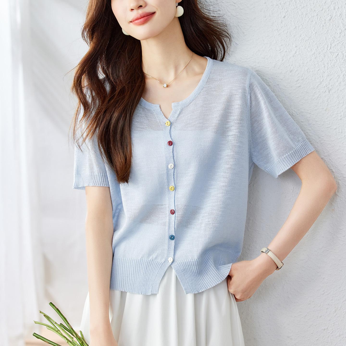 

Летний кардиган из тонкого трикотажа из ледяного шелка для женщин, короткий и универсальный, удобная футболка, уникальный и изысканный топ One size синий