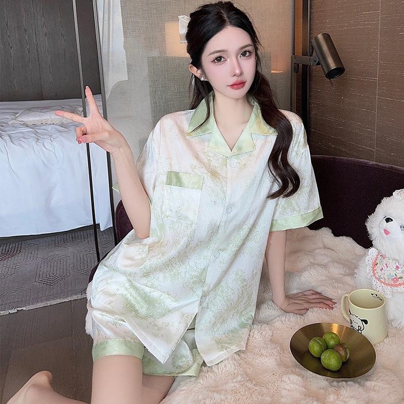 Summer Small Fresh Matcha Green Texture Printed Pajamas Women'S Fashion Short-Sleeved Shorts Set Outer Wear